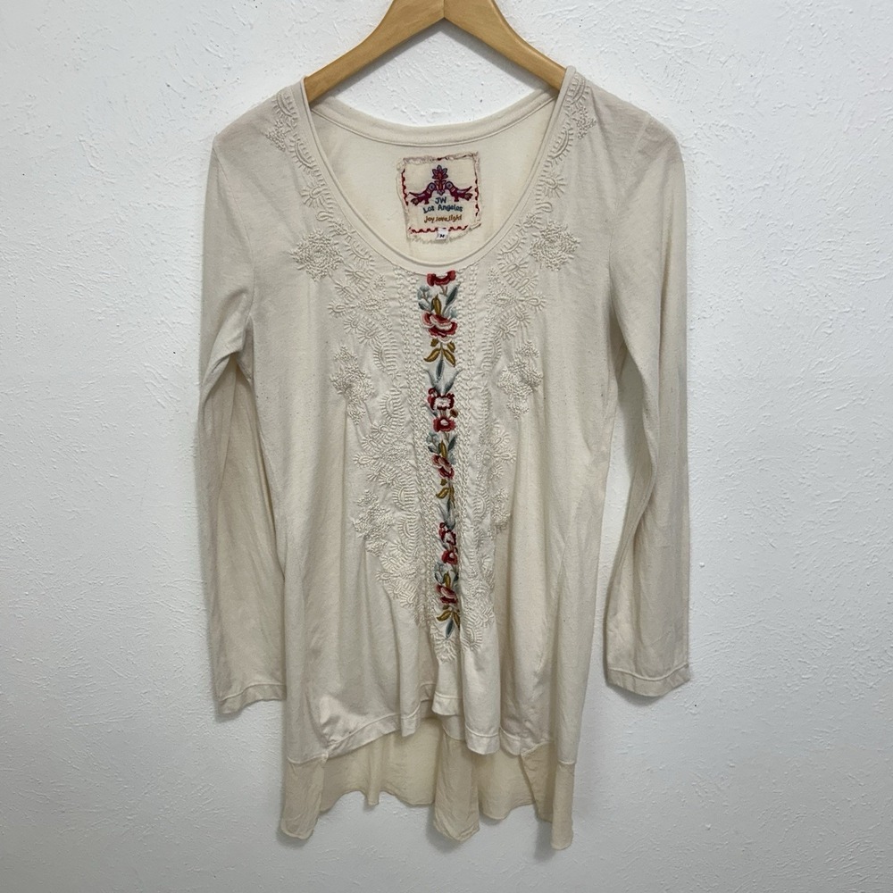 Johnny Was Cotton Embroidered  Top Blouse M Long Sleeve V Neck Stretch Boho Y2K